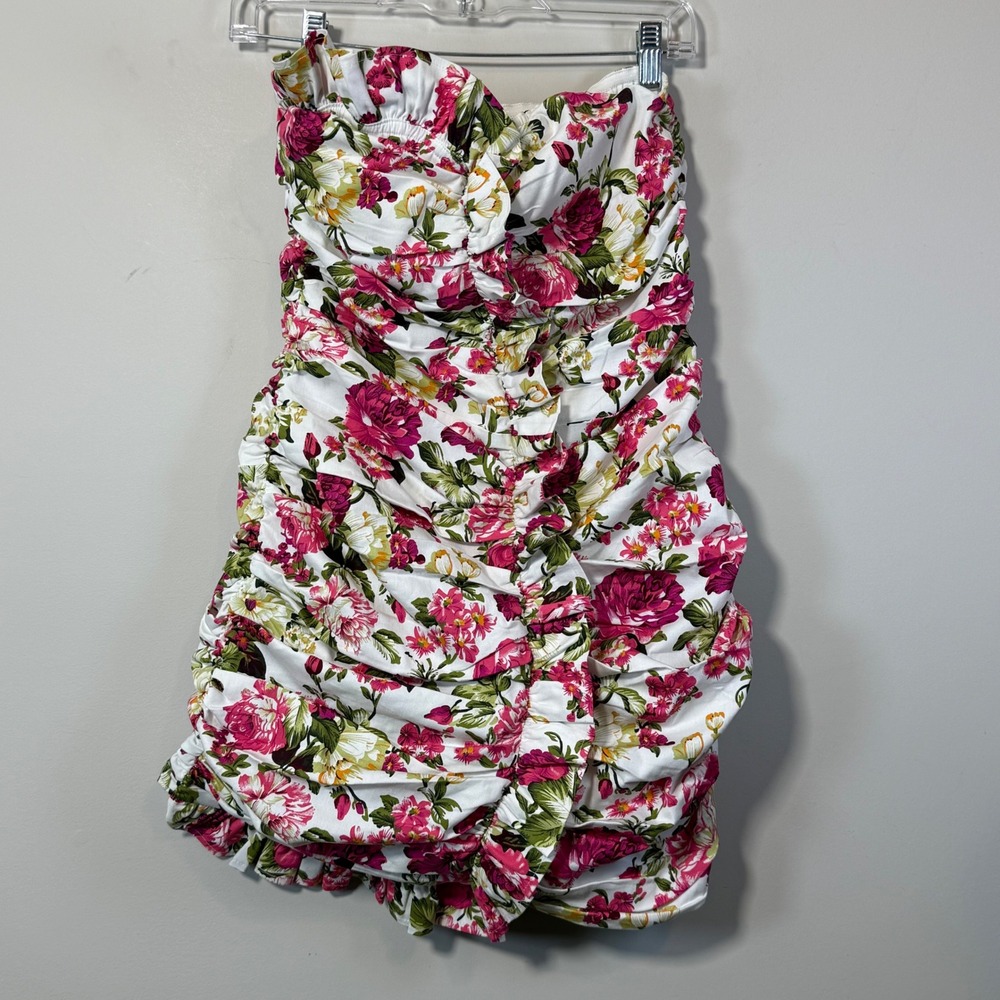 Mable Floral Ruched Mini Dress Women M White Pink Strapless Ruffle Romantic